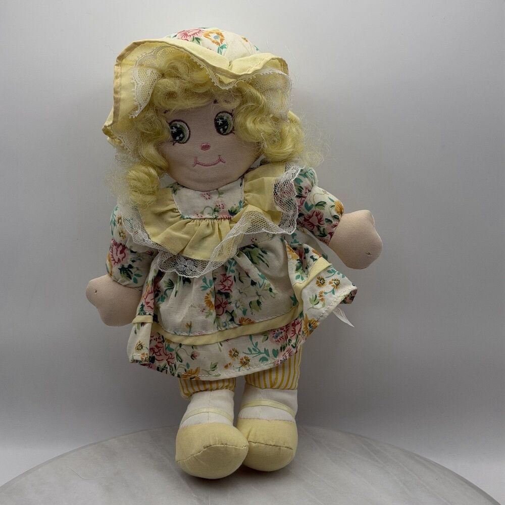 Vintage Cuddle Wit Rag Doll Blonde Curly Hair Floral Dress Bonnet Cloth Dol